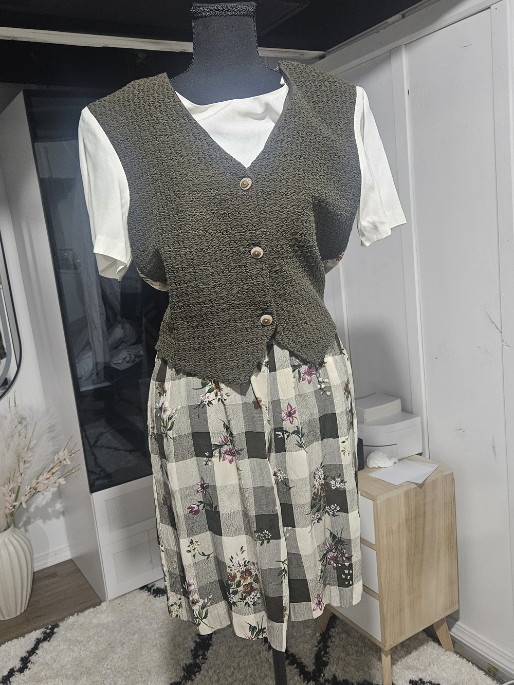 Women's Vintage Olive Green Knit Vest and Plaid Floral Dress, Size 12
